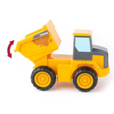 A yellow and gray toy dump truck with black wheels, shown on a white background with a red rotation arrow graphic on the left side of the dump bed.