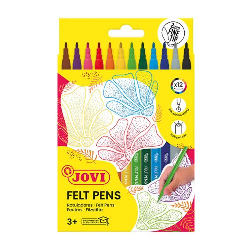 Jovi Felt Pens marker set in a bright yellow retail box, showing 12 fine-tip felt pens in assorted colors and illustrations of shell-shaped outlines on the front.