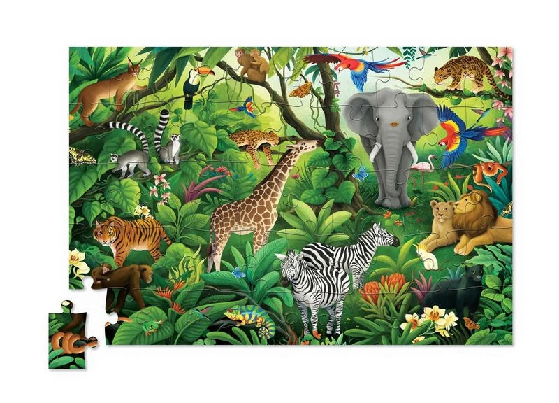 jungle puzzle containing jungle settings with animals like elephant, tiger, lions, and other various jungle wildlife together in a lush green forest over a white background