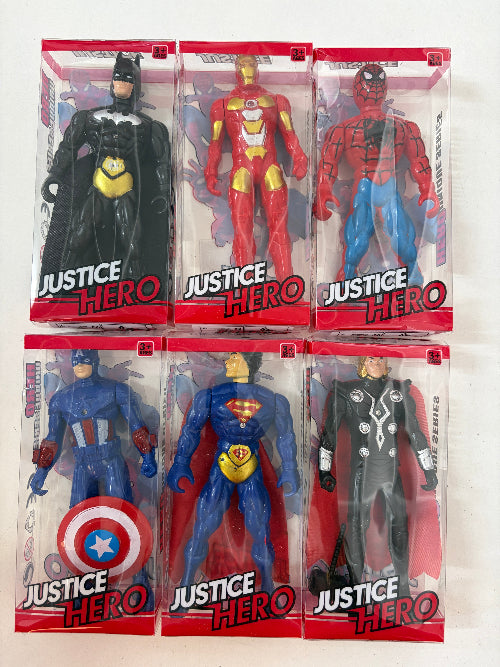 Collection of Justice Hero action figures in packaging on a white background
