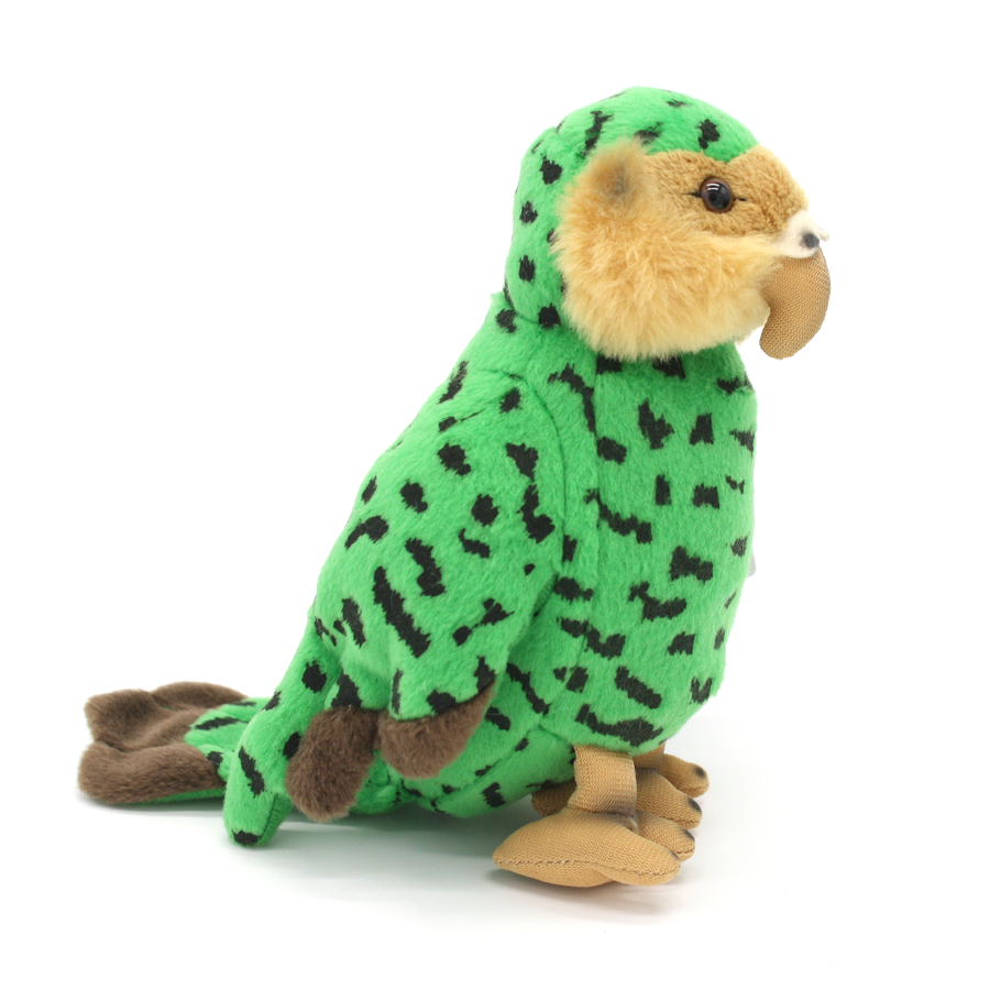 Green kakapo with sound parrot toy with black spots on a white background