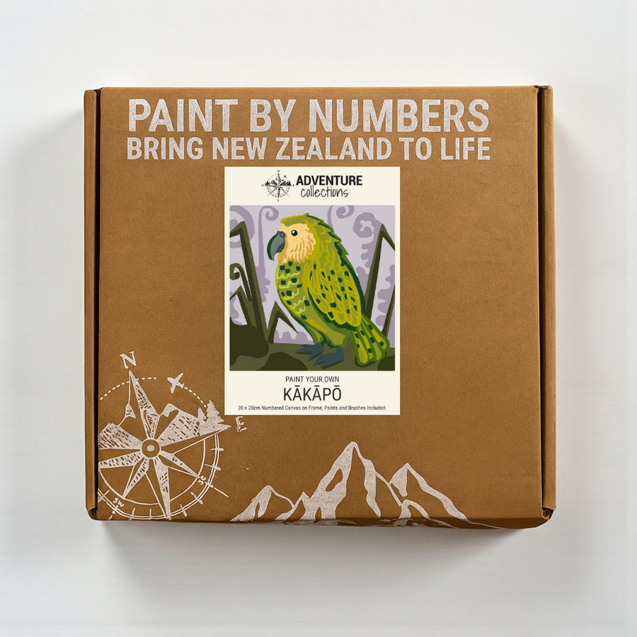 Box for a paint by numbers kit featuring a Kakapo on a white background