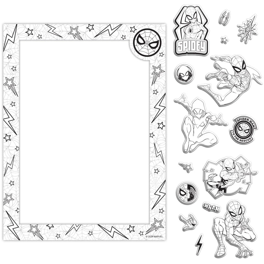 Spider-Man themed clear stamp set with various stamps and a frame on a white background.
