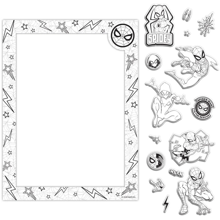 Spider-Man themed clear stamp set with various stamps and a frame on a white background.