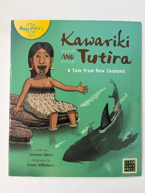 Book cover of 'Kawariki and Tutira' with a green background and illustrations of a person and a fish.