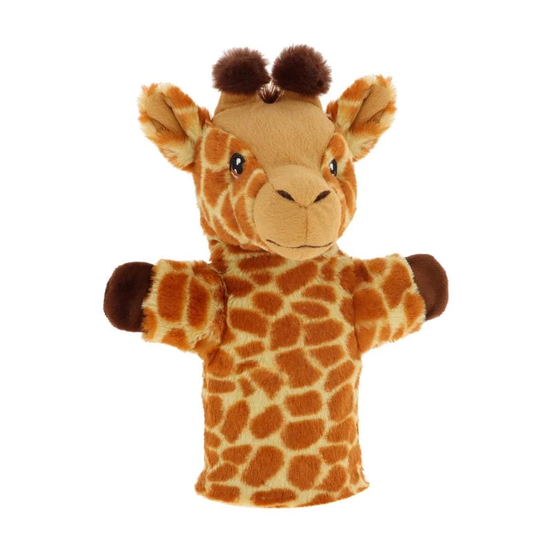 brown and orange giraffe hand puppet over white background