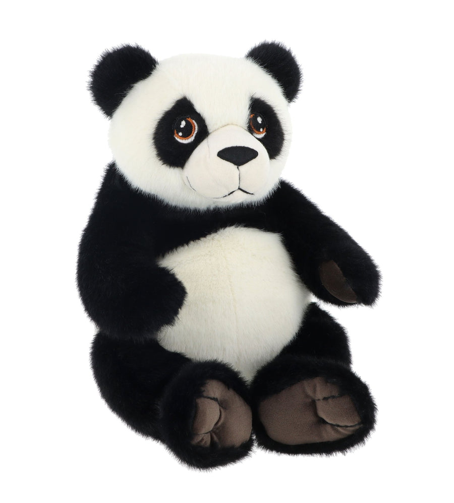 black and white panda bear plush toy on a white background
