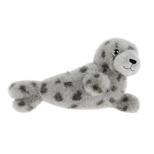 grey seal plush with black spots on a white background