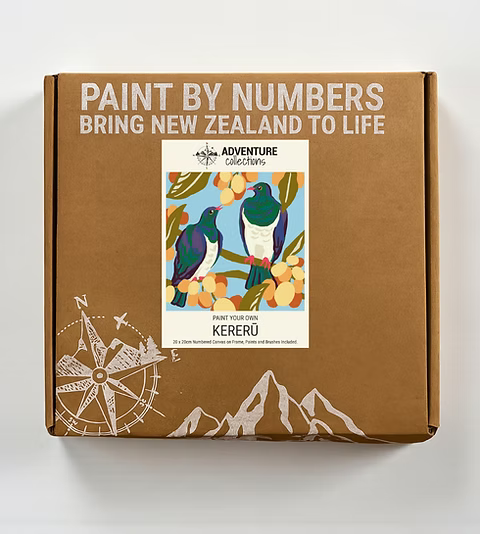 Paint by numbers kit packaging with New Zealand design on a white background