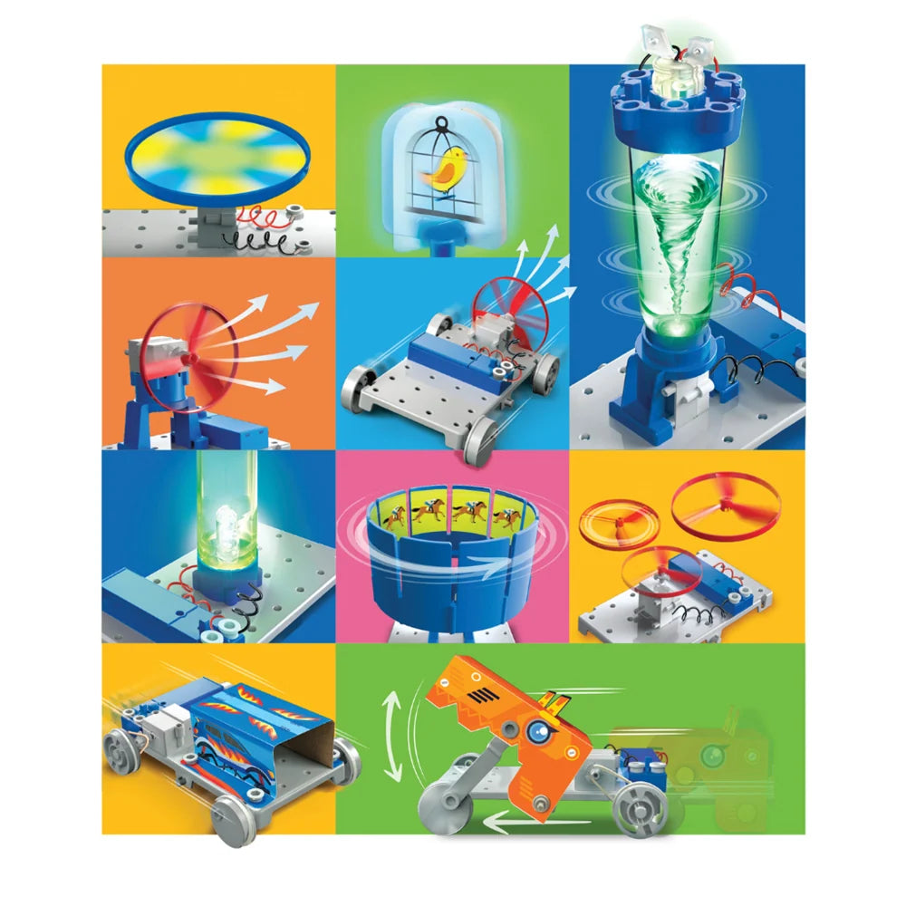 different motor related science experiments that can be conducted with the kit including speed racer, cool breeze electric fan, tornado maker