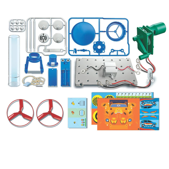 photo featuring different parts in the kit laid out on a white background