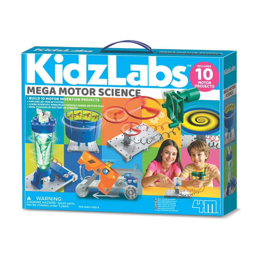 kidzlabs mega motor science packaging featuring kids playing with science project and other bizarre experiments on a blue box on a white background