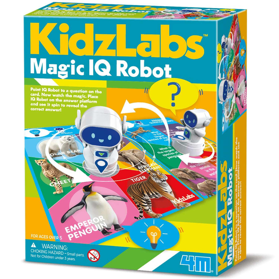 Box of KidzLabs Magic IQ Robot educational toy with colorful design and robot illustration.