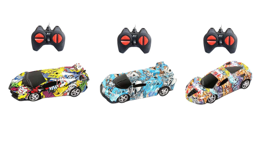 Three colorful toy cars with remote controls on a white background