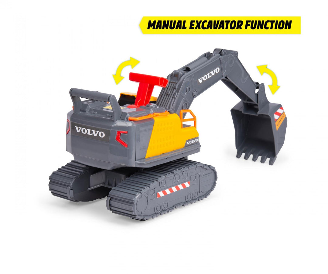 Toy excavator with Volvo branding on a white background