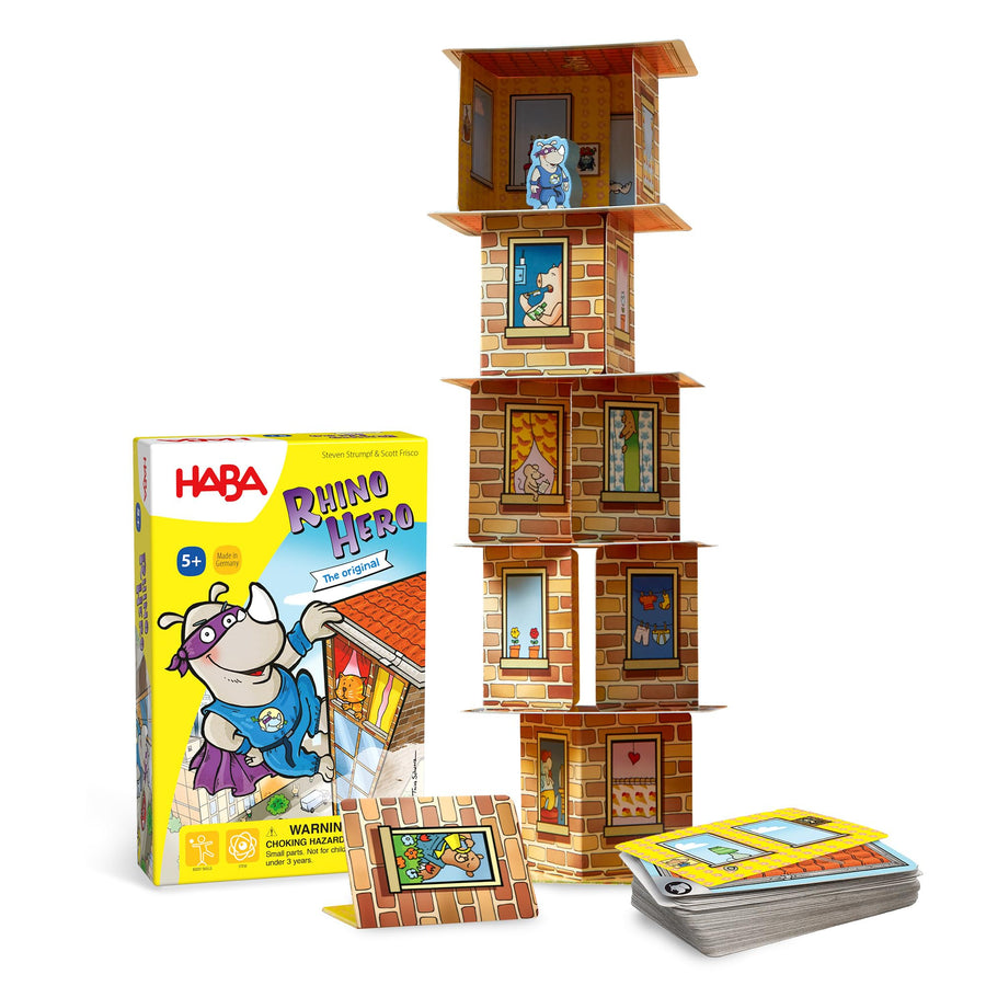 HABA Ruino Hero toy set with building blocks and cards on a white background