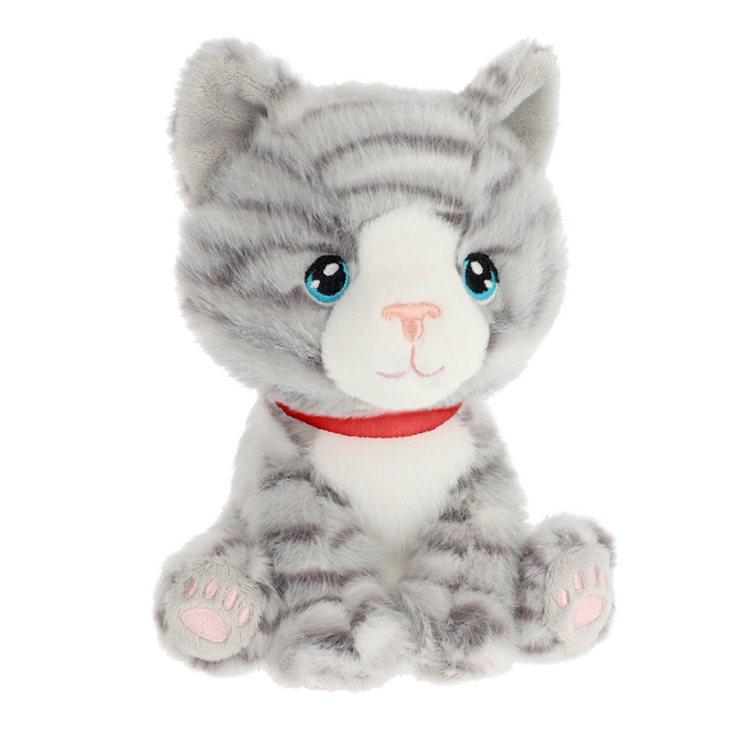 Plush tkittyoy cat with gray and white fur, blue eyes, and a red collar on a white background