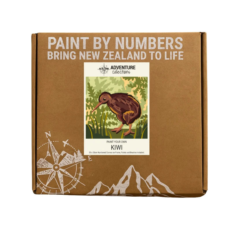 Paint by numbers kit packaging with kiwi bird illustration on a brown background