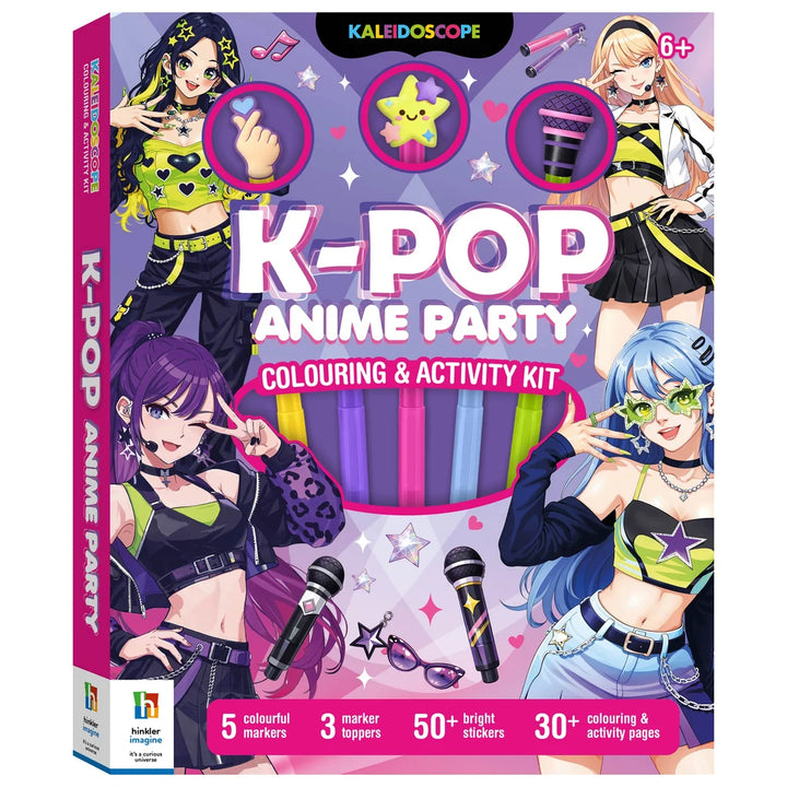 Kaleidoscope K-POP Anime Party Colouring & Activity Kit box, featuring colorful anime character illustrations and product details on a bright purple background.
