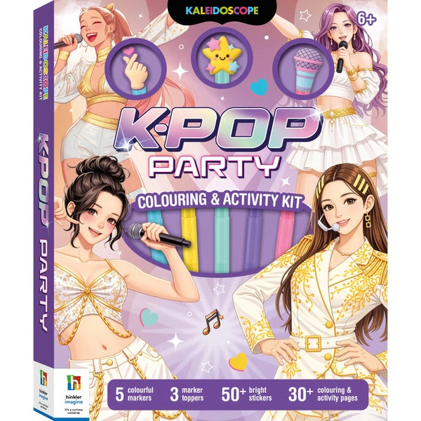 Kaleidoscope K-POP Party Colouring & Activity Kit box, featuring colorful illustrations of female singers, markers, stickers, and activity pages on a purple and pink background.