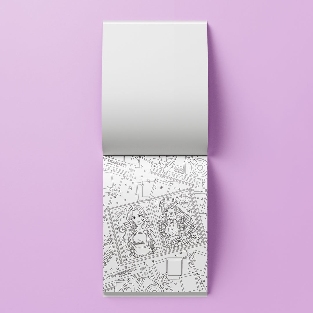 A notebook with a blank white top cover and a patterned bottom cover featuring black line-art illustrations of two women, shown on a solid lavender background.