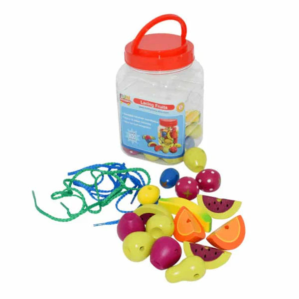funfactory jar with wooden fruits and string/lace