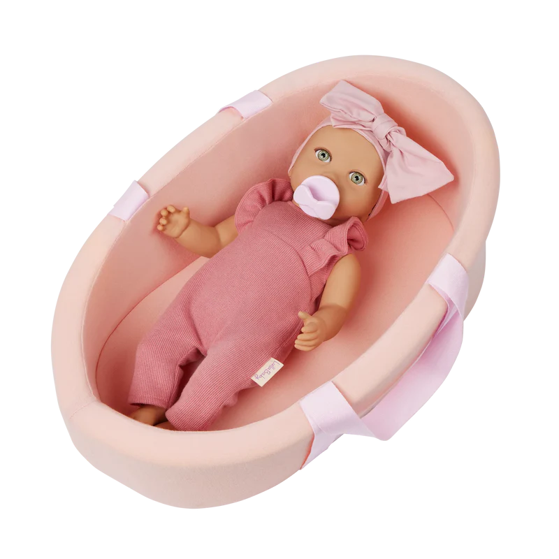LullaBaby Doll and Carrier Bassinet Baby doll in a pink bathtub with a pacifier on a white background