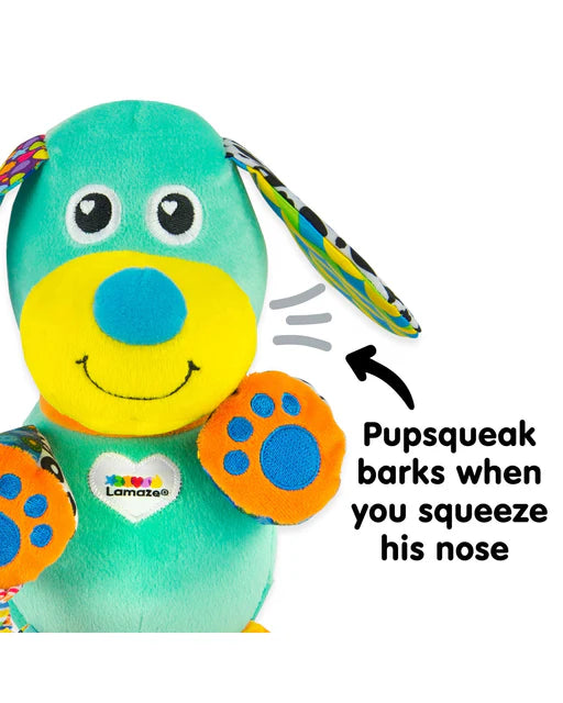 pram toy with colorful design and text indicating it makes a sound when squeezed.