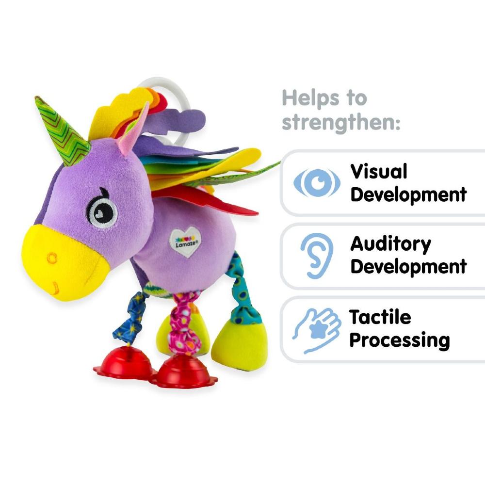 Colorful unicorn baby toy with text highlighting developmental benefits on a white background