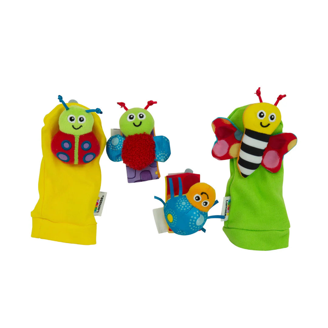 Set of colorful hand puppets shaped like insects on a white background