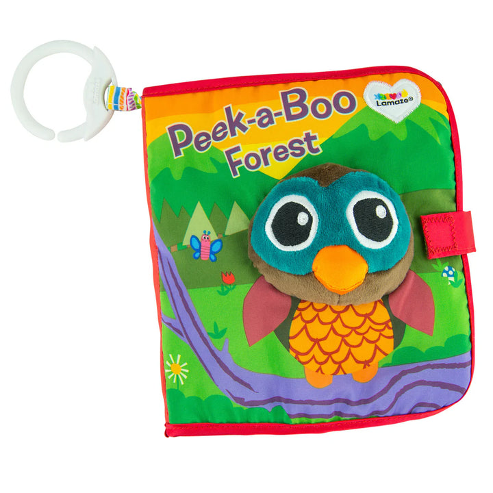 Children's toy with owl design and 'Peek-a-Boo Forest' text on a colorful background