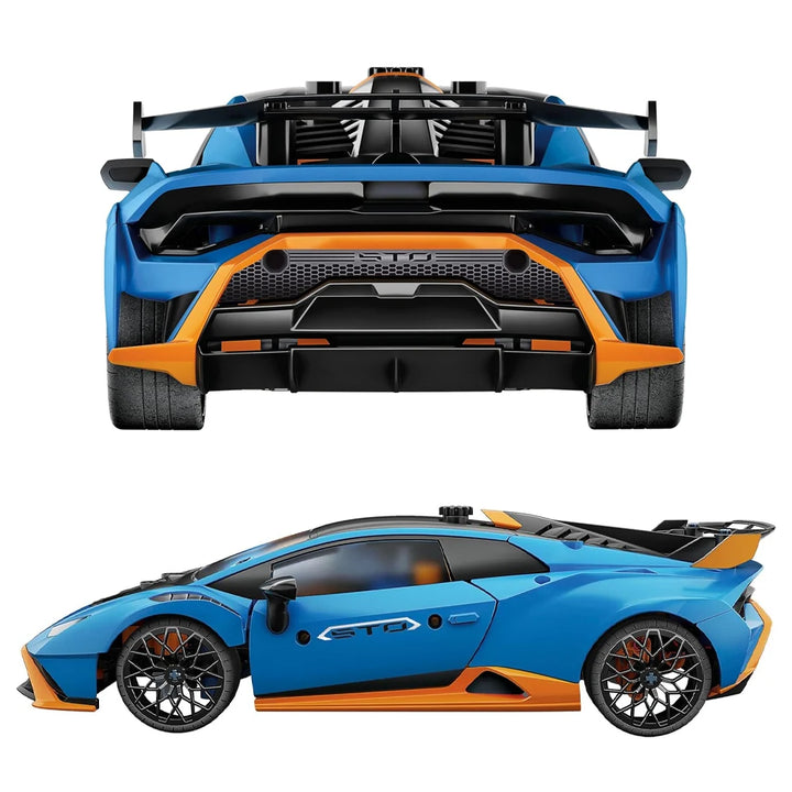 blue and orange lamborghini huracan from side and back