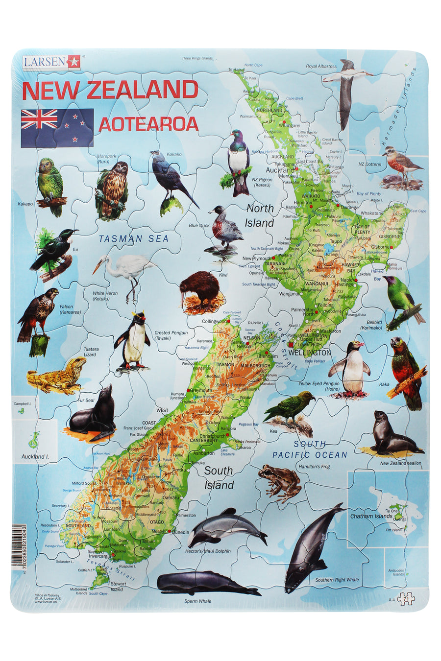 Puzzle of New Zealand with various animals on a blue background