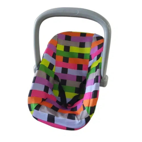 A baby car seat with a colorful geometric patterned fabric insert and a gray plastic frame, shown against a plain white background.
