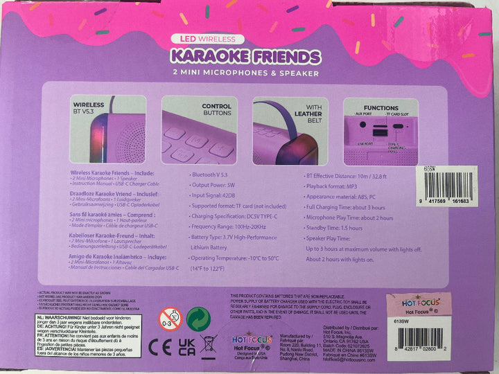 Back of a karaoke machine packaging with purple and pink design