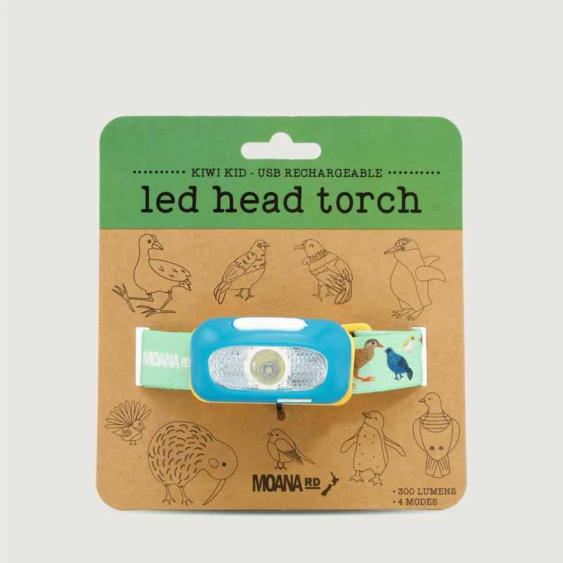 blue LED torch with lighter blue strap in brown moana rd packaging on a white background