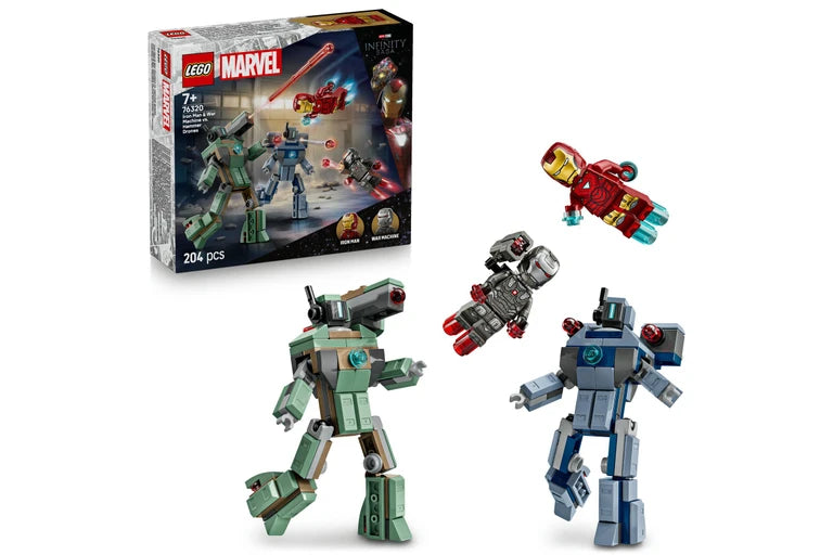 LEGO Marvel robot toy set with packaging on a white background