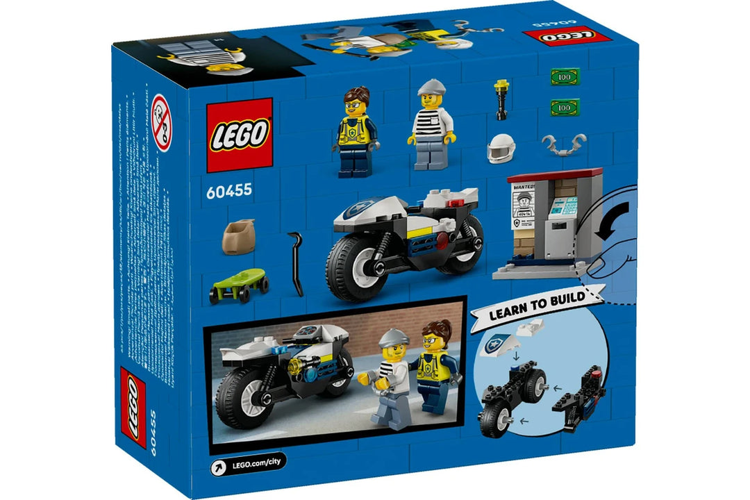 LEGO set packaging with motorcycle and figures on a blue background
