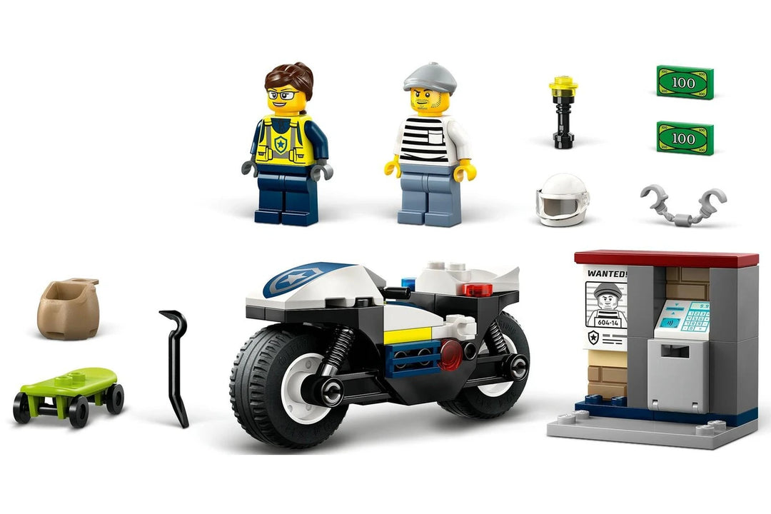 LEGO police motorcycle set with figures and accessories on a white background