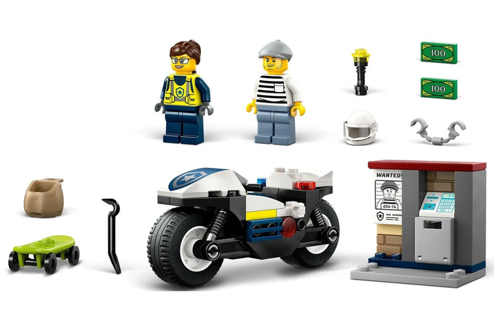 LEGO police motorcycle set with figures and accessories on a white background