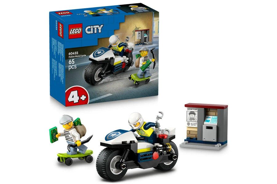 LEGO City police motorcycle set with packaging and accessories on a white background