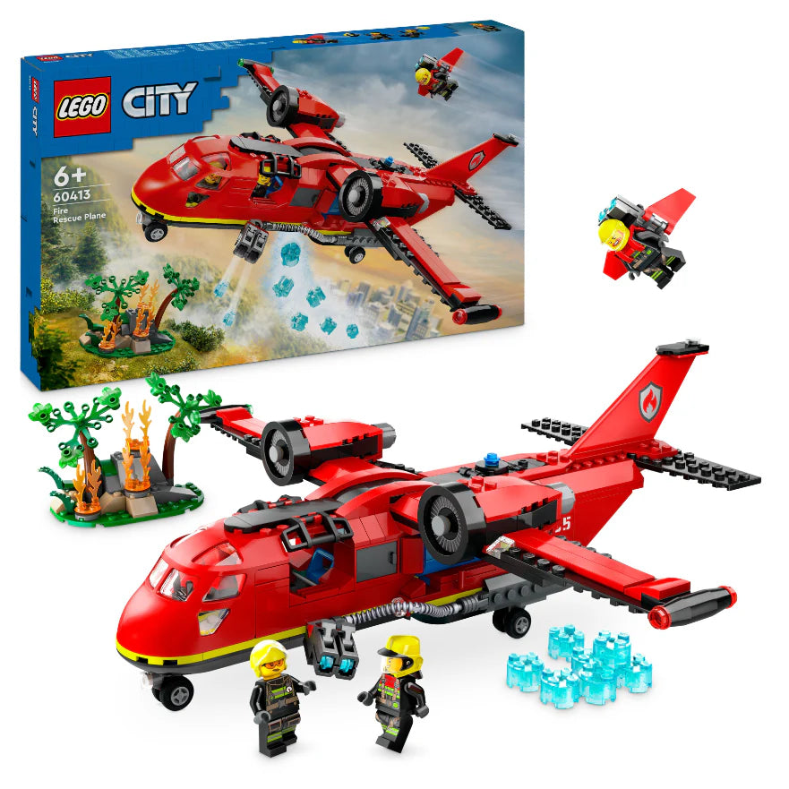 LEGO City fire plane set with packaging and accessories on a white background