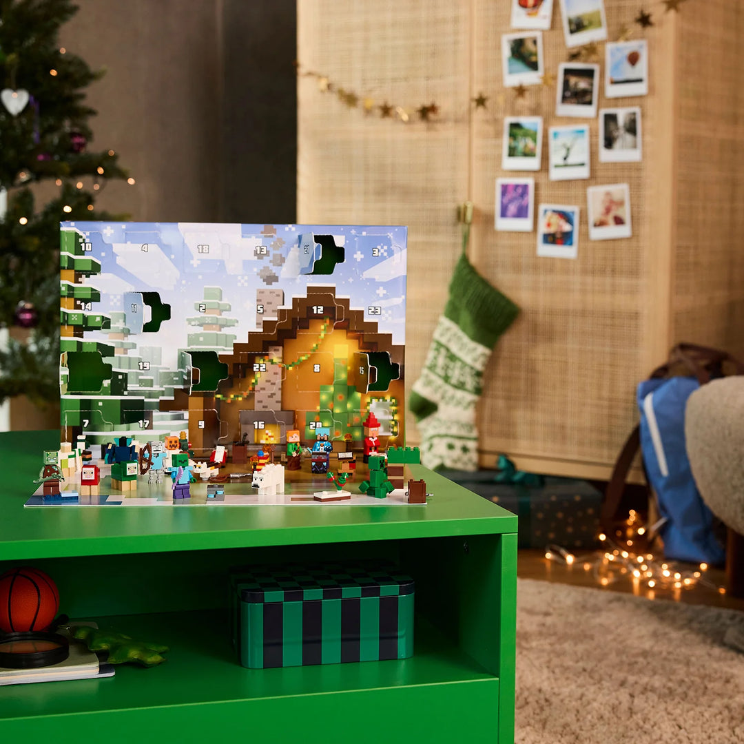 LEGO set on a green table with a festive background