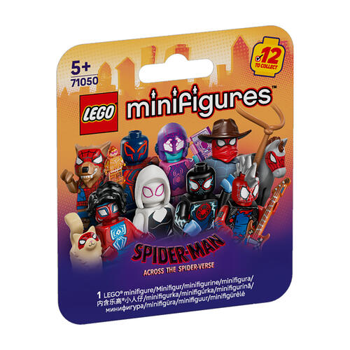Packaged LEGO Spider-Man minifigures set with various characters on a gradient background