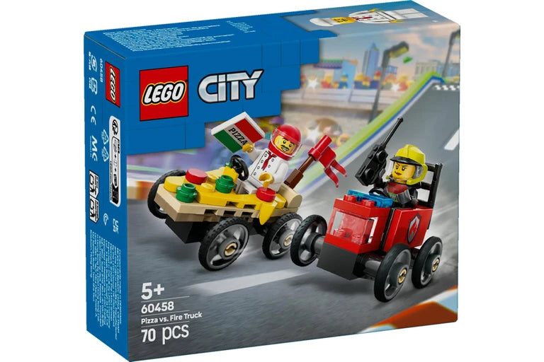 LEGO City pizza vs. fire truck set packaging with two minifigures on a toy pizza and fire truck.