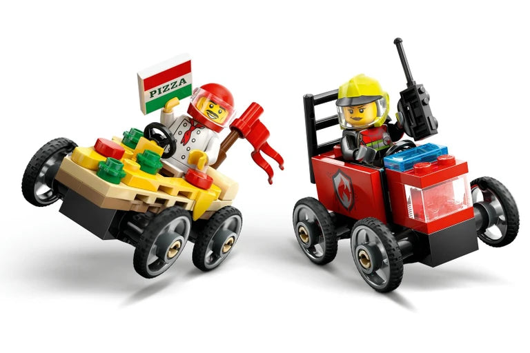 Two LEGO minifigures in a pizza delivery cart and a fire truck on a white background
