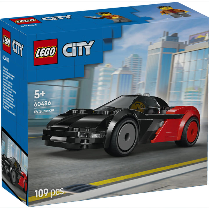 LEGO City EV Supercar set packaging with cityscape background