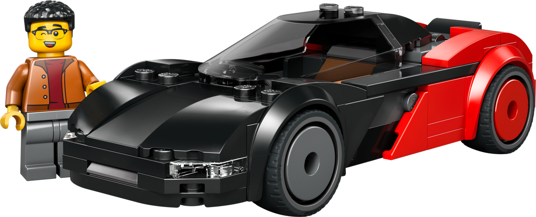 Black and red toy car with a LEGO figure next to it