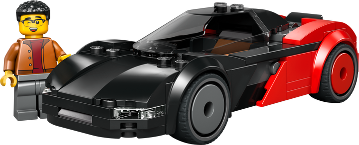 Black and red toy car with a LEGO figure next to it