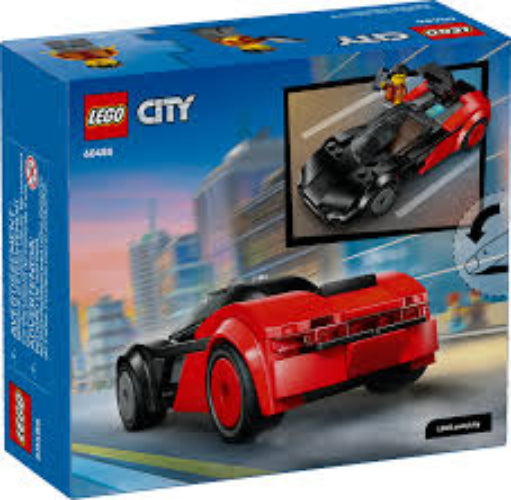 LEGO City toy car set packaging with red car and cityscape background